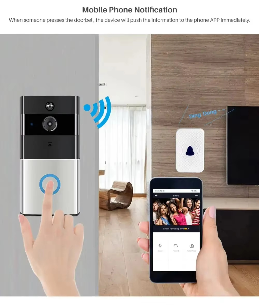 Smart Wifi Doorbell Cam Ip Intercom Battery Powered 